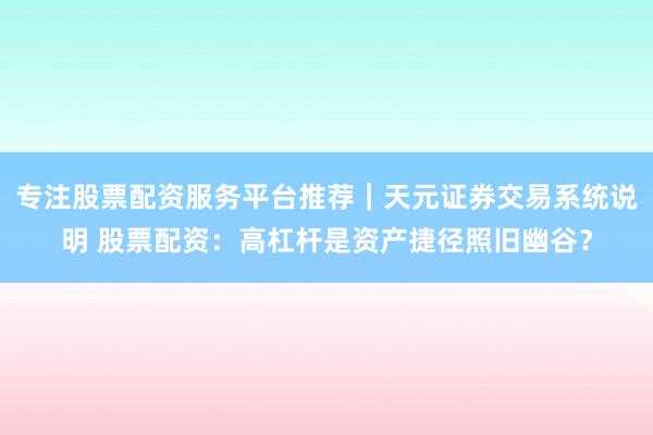 专注股票配资服务平台推荐｜天元证券交易系统说明 股票配资：高杠杆是资产捷径照旧幽谷？