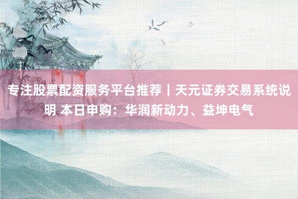 专注股票配资服务平台推荐｜天元证券交易系统说明 本日申购：华润新动力、益坤电气
